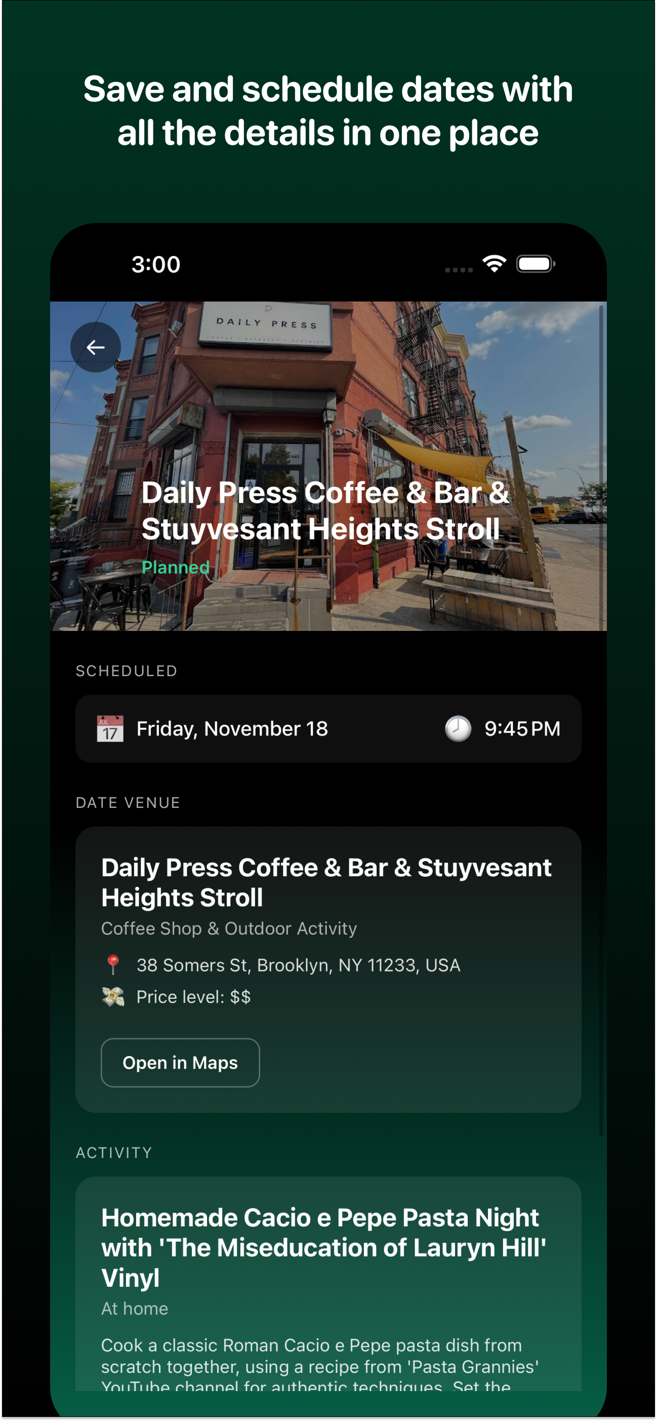 Date Planning Screen